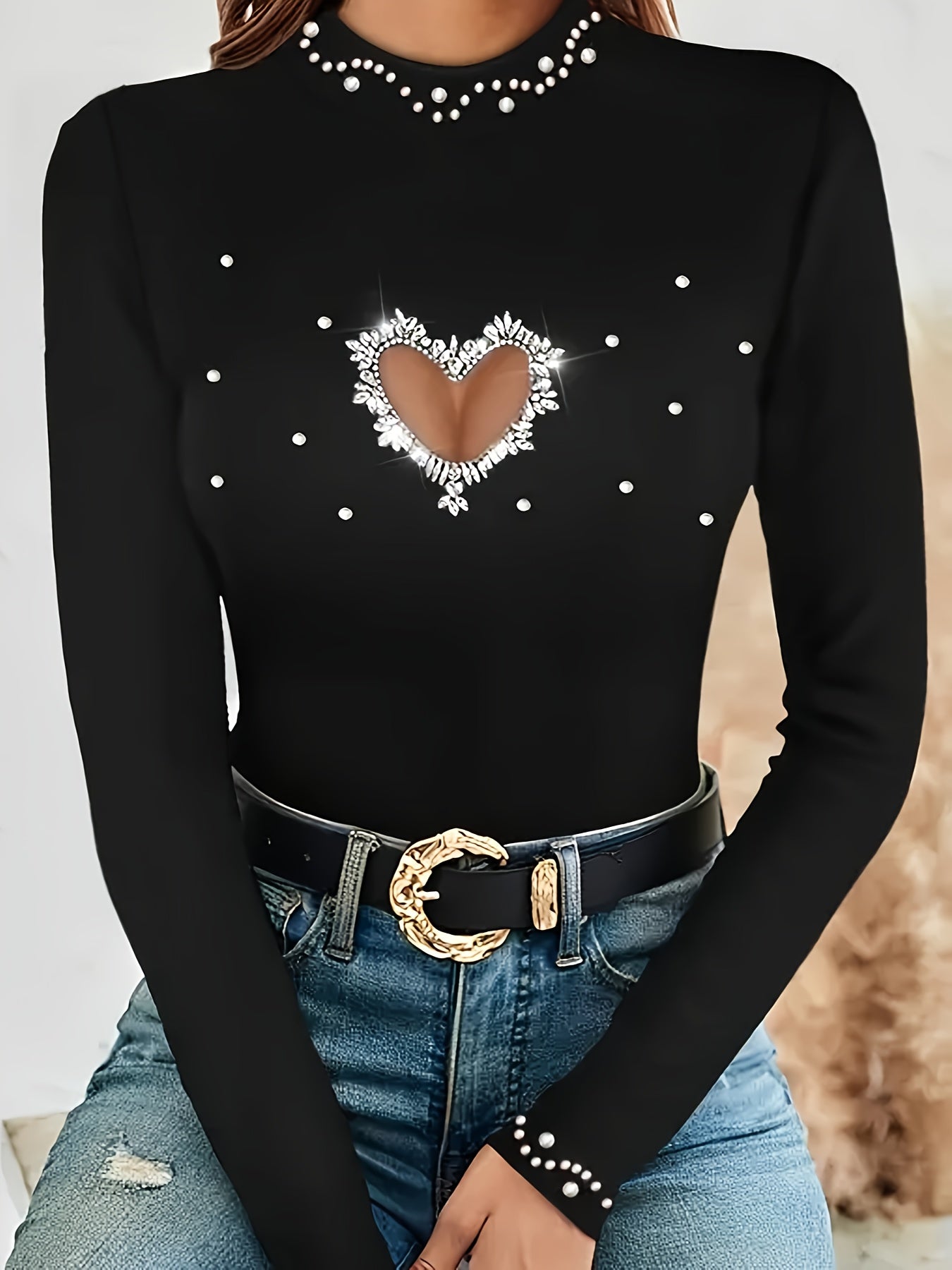 Viscose Blend Top for Spring/Summer, Casual Chic Top|Trendy Women's Black Knit Sweater with Sparkling Heart Design - Chic Long Sleeve, Round Neck, Lightweight Viscose Blend Top for Spring/Summer, Casual Chic Top|Trendy Women'